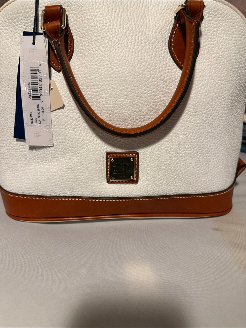 Dooney & Bourke White Pebbled Leather Satchel with Brown Trim